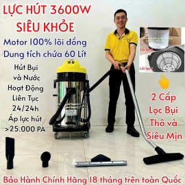 Máy Hút Bụi Nước Công Nghiệp và Nhà Xưởng 60 Lít (3600W) Model: DV2-60JP - [2 Lõi Lọc HEPA]