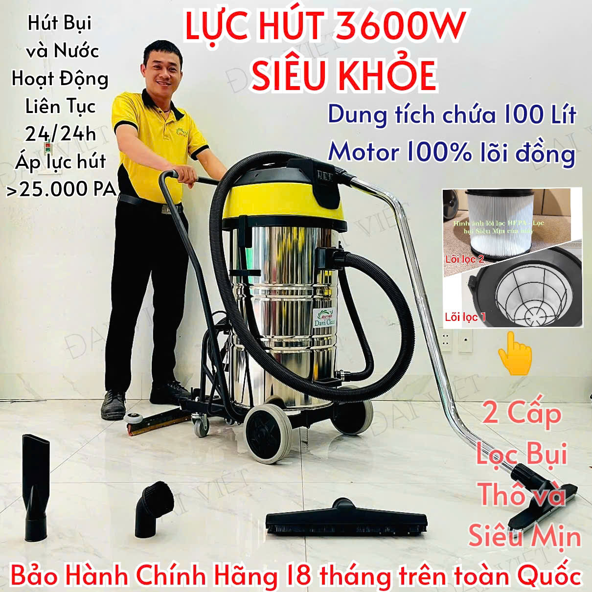 Máy Hút Bụi Nước Công Nghiệp và Nhà Xưởng 100 Lít (3600W) Model: DV2-100JP - [2 Lõi Lọc HEPA]