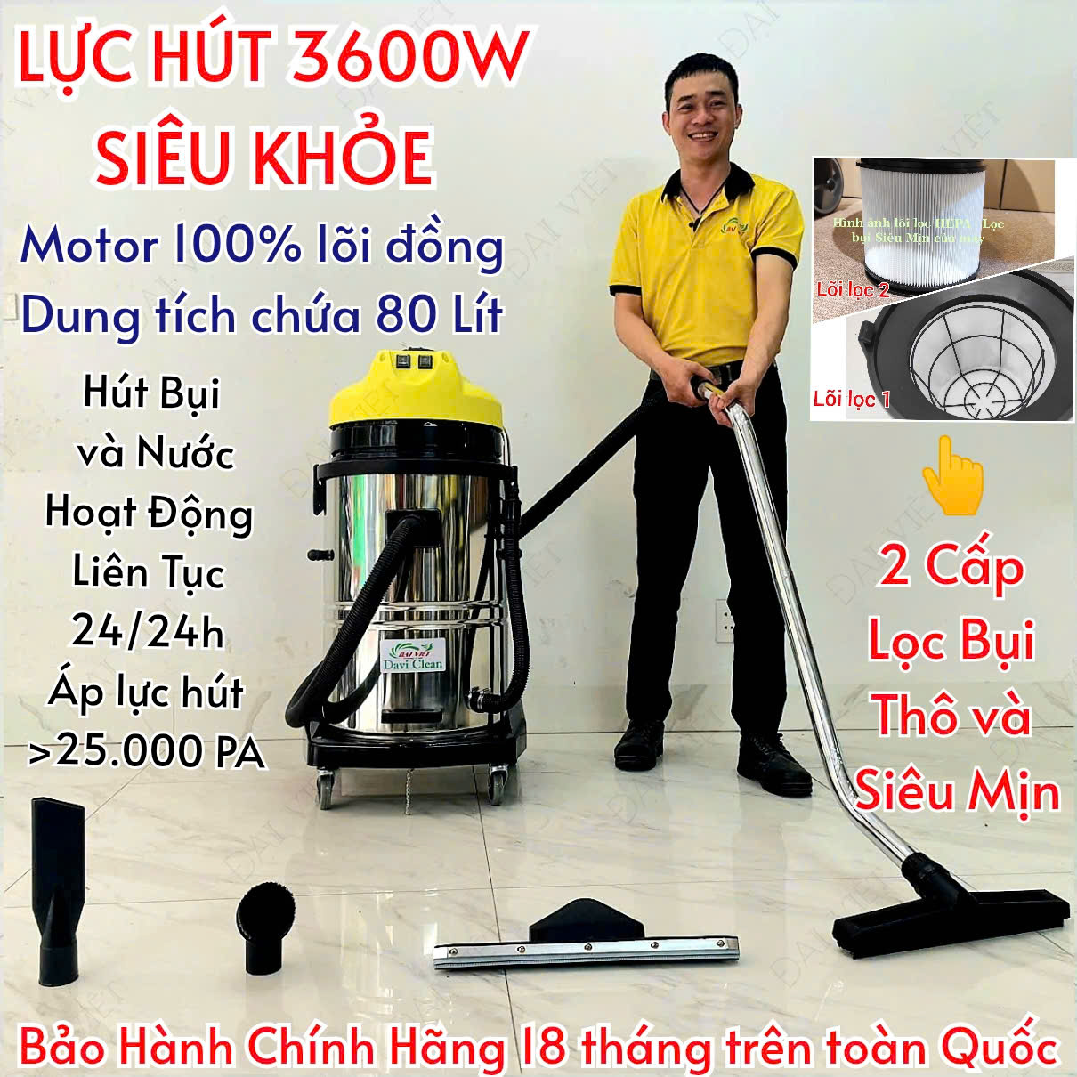 Máy Hút Bụi Nước Công Nghiệp và Nhà Xưởng 80 Lít (3600W) Model: DV2-80JP - [2 Lõi Lọc HEPA]