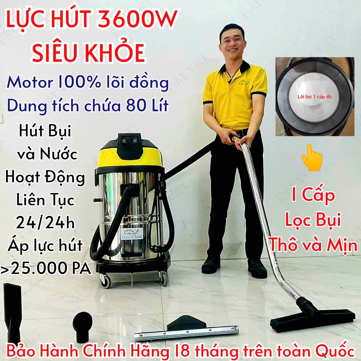 Máy Hút Bụi Nước Công Nghiệp và Nhà Xưởng 80 Lít (3600W) Model: DV2-80JP - [1 Lõi Lọc]
