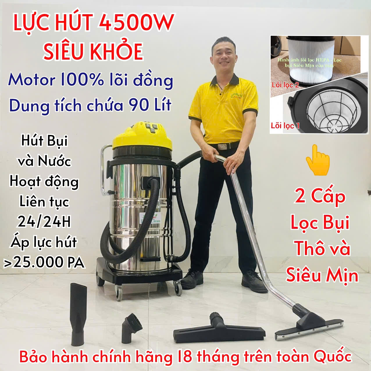 Máy Hút Bụi Nước Công Nghiệp và Nhà Xưởng 90 Lít (4500W) Model: DV3-90JP - [2 Lõi Lọc HEPA]