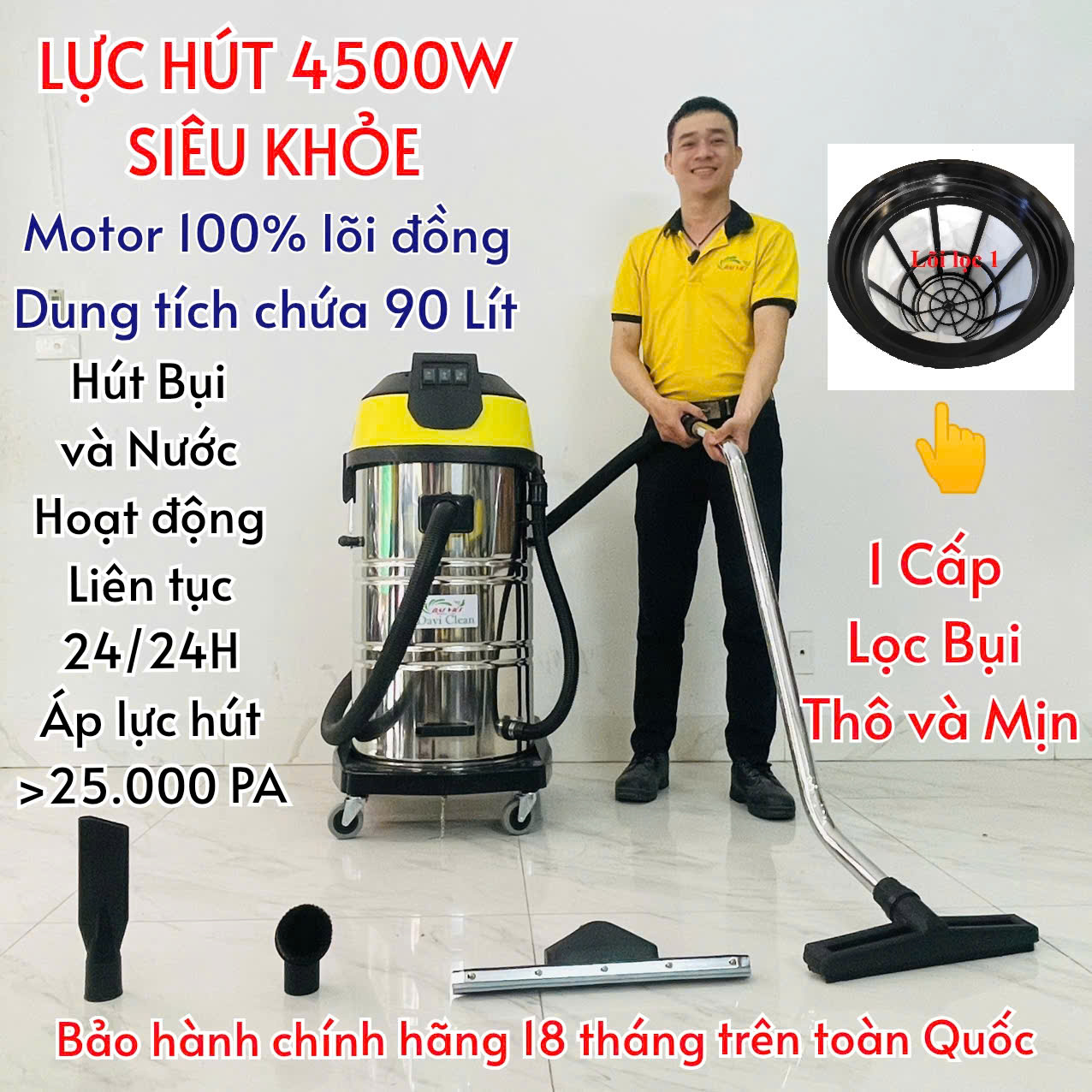 Máy Hút Bụi Nước Công Nghiệp và Nhà Xưởng 90 Lít (4500W) Model: DV3-90JP - [1 Lõi Lọc]